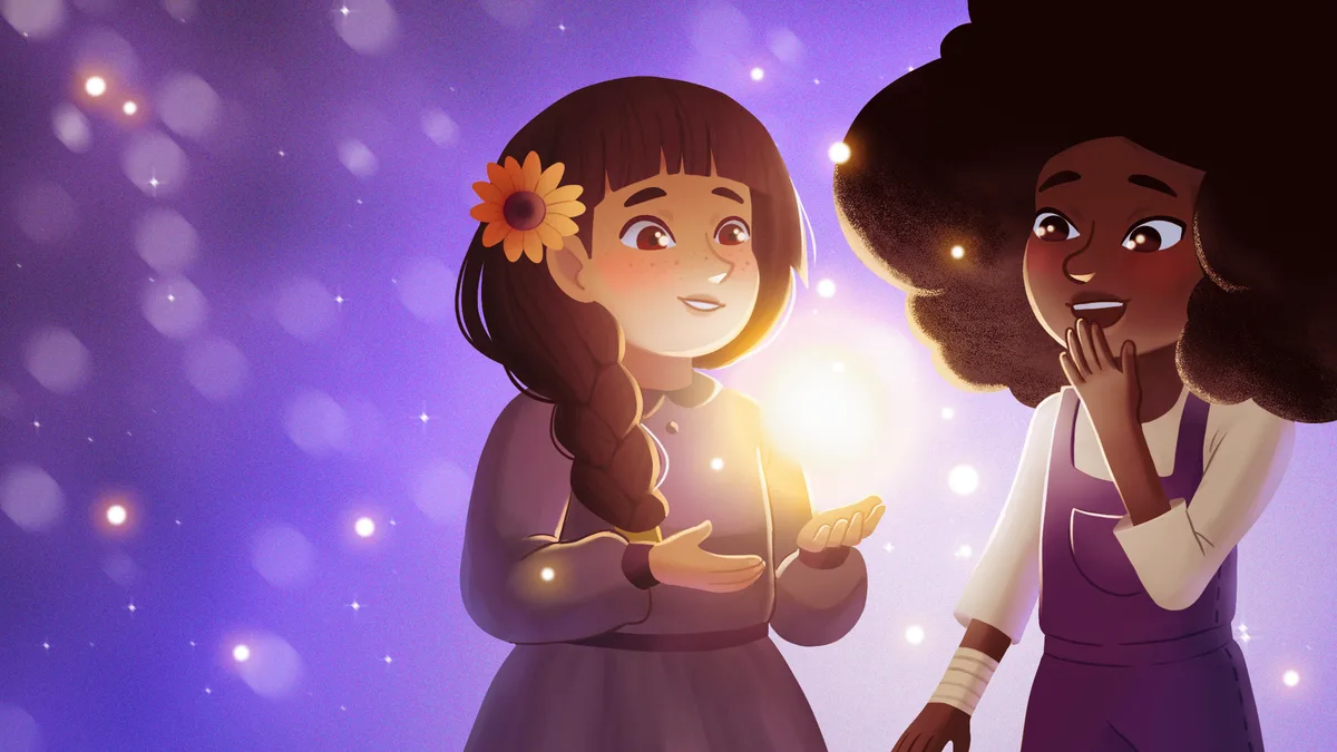 Bella pelo Mundo key art: two girls face each other in a starry purple space, one holding a small glowing light in her cupped hands.