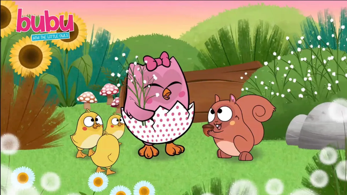 Bubu and the Little Owls still: the pink owl Bubu with two ducklings and a squirrel in a sunny, flowery meadow.