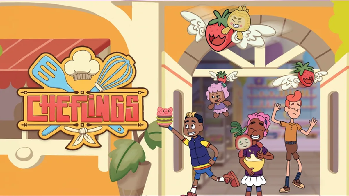 Cheflings key art: three kid characters and winged food creatures outside a colorful bakery, with the Cheflings logo.