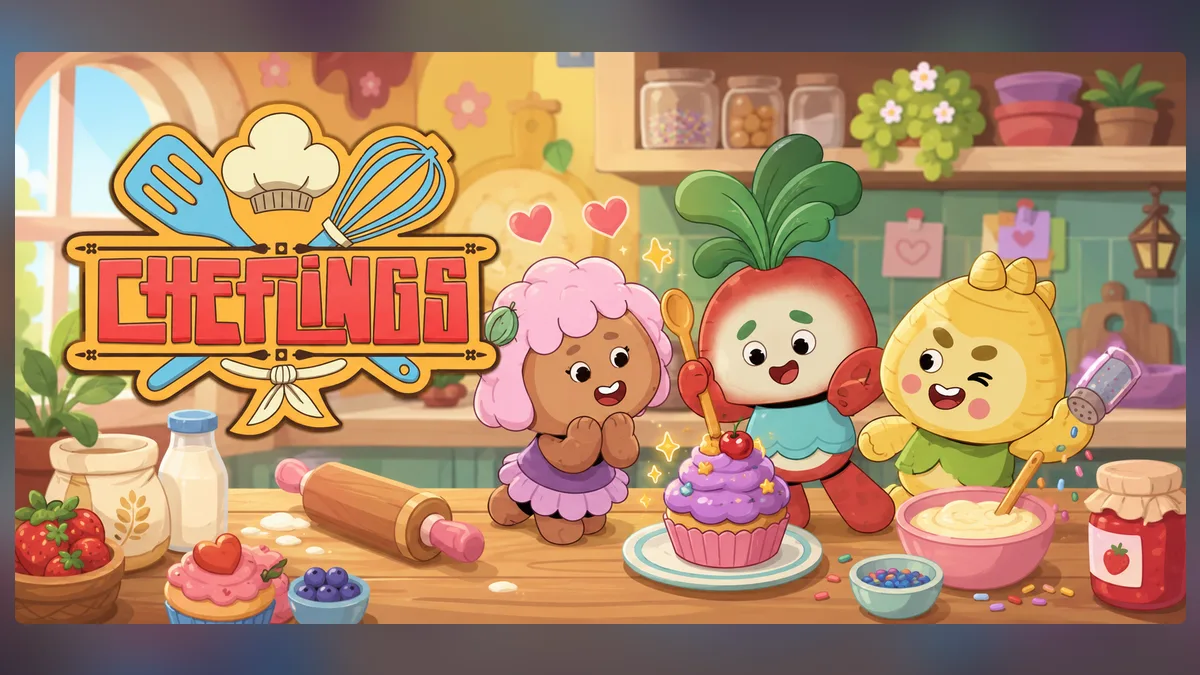 Cheflings Virtual Pet key art: three Chefling characters decorating a cupcake in a warm kitchen, under the Cheflings logo.