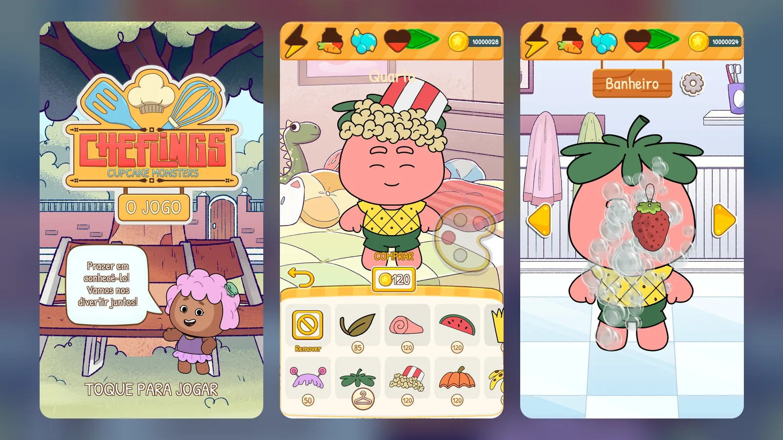 Three Cheflings Virtual Pet phone screens side by side: the title screen with a character greeting the player, a wardrobe screen of hats and accessories to buy with coins, and a Chefling being washed in the bathroom.