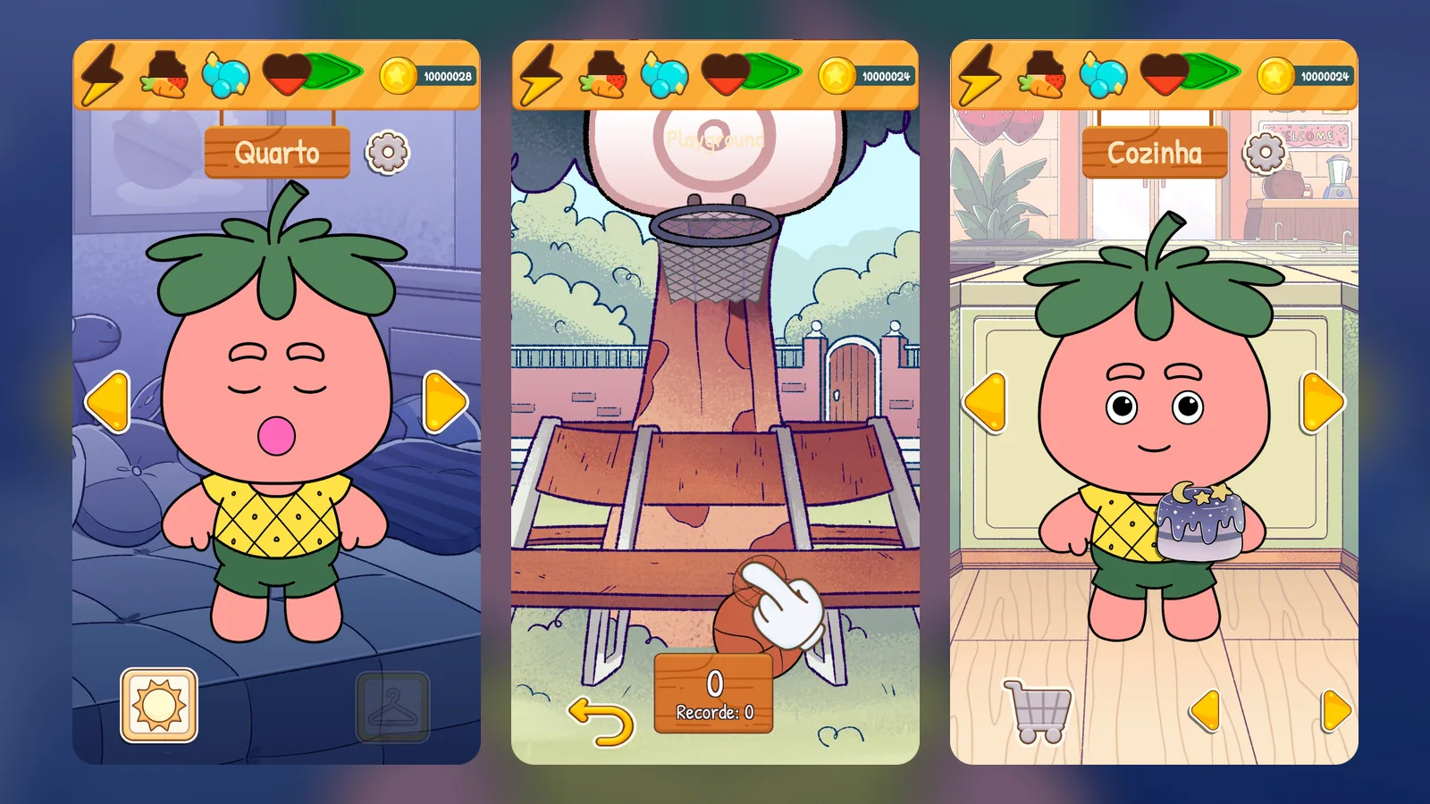 Three Cheflings Virtual Pet phone screens side by side: a Chefling asleep in its bedroom, a basketball mini-game with a croissant, and a Chefling holding a finished cake in the kitchen.