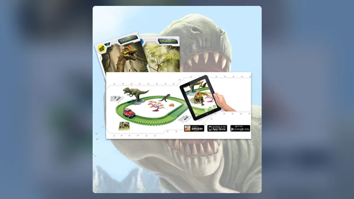 Dino Mundi product shot: a tablet showing an augmented-reality dinosaur standing on a toy track, with dinosaur cards above and a large T-Rex illustration behind.