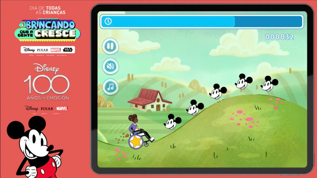 Disney inclusive minigame: a tablet screen with a child in a wheelchair collecting Mickey Mouse icons, framed by Disney's Children's Day campaign art.