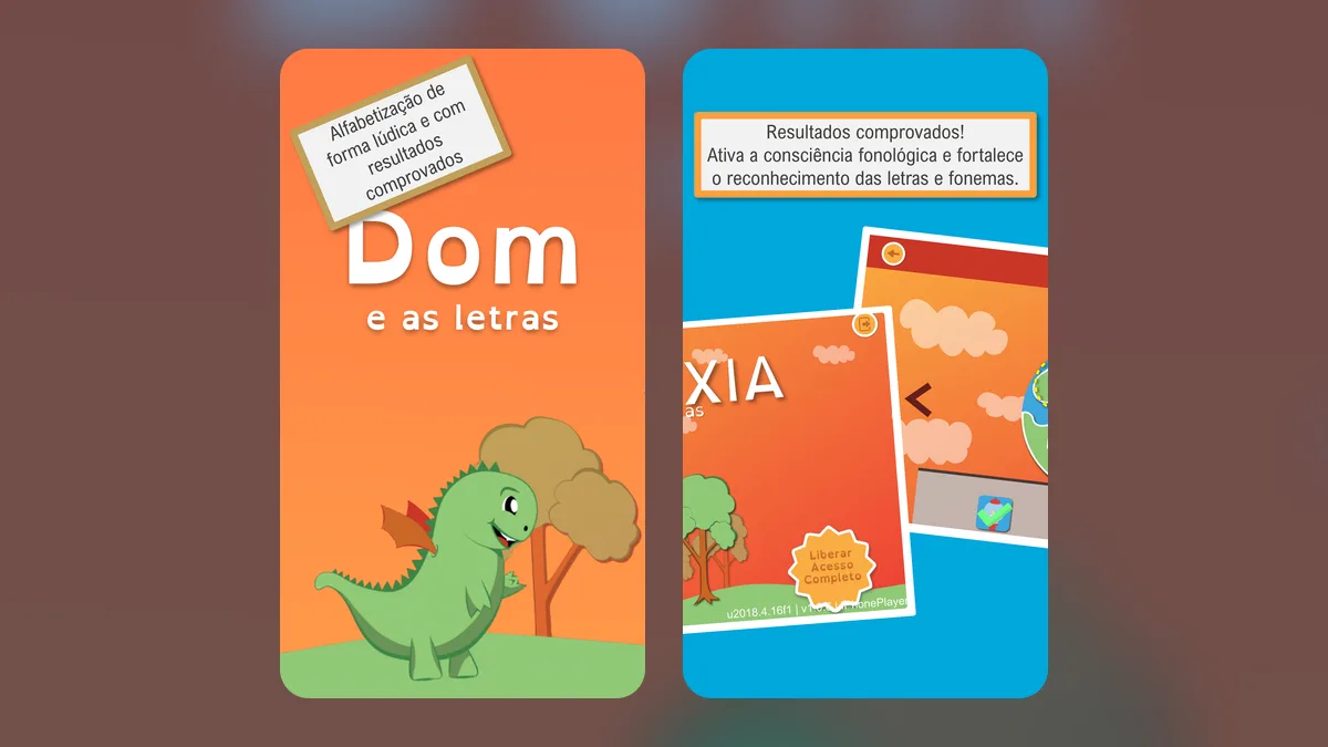 Domlexia key art: Dom the green dragon beside the Dom e as Letras title card and the game's start screen.