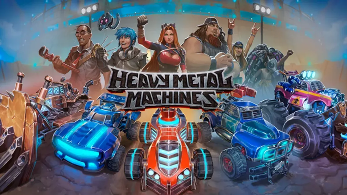 Heavy Metal Machines key art: a lineup of armored battle cars and their drivers beneath the Heavy Metal Machines logo.