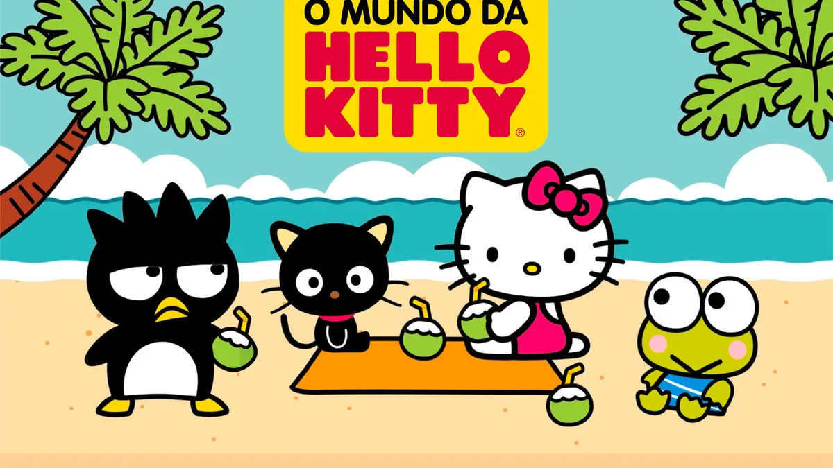 O Mundo da Hello Kitty key art: Hello Kitty and friends Chococat, Badtz-Maru and Keroppi on a beach under the Hello Kitty logo.