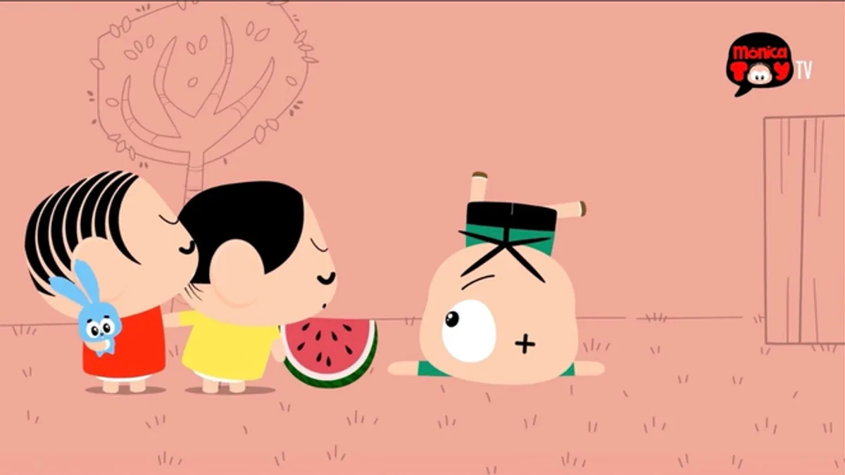 Monica Toy TV still: the minimalist Monica Toy characters sharing a slice of watermelon, with the Monica Toy TV logo.