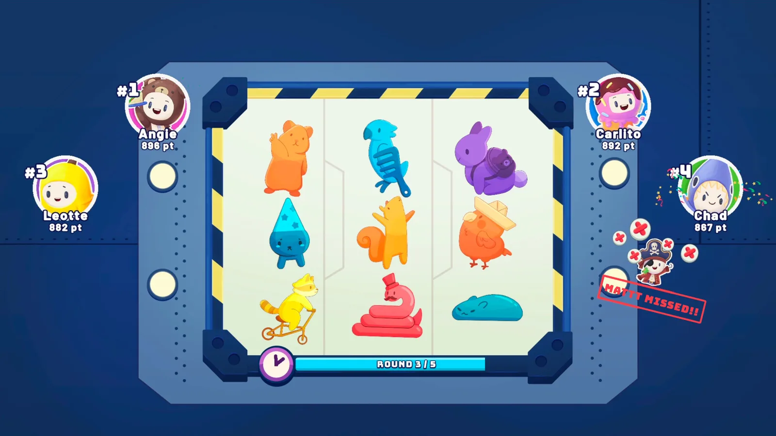 A Play Together mini-game on a shared screen: players sort coloured creatures into three lanes while their avatars and scores line the edges.