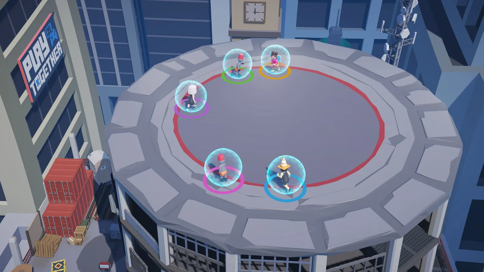 A Play Together arena mini-game: four player avatars circle a raised platform in a city setting.