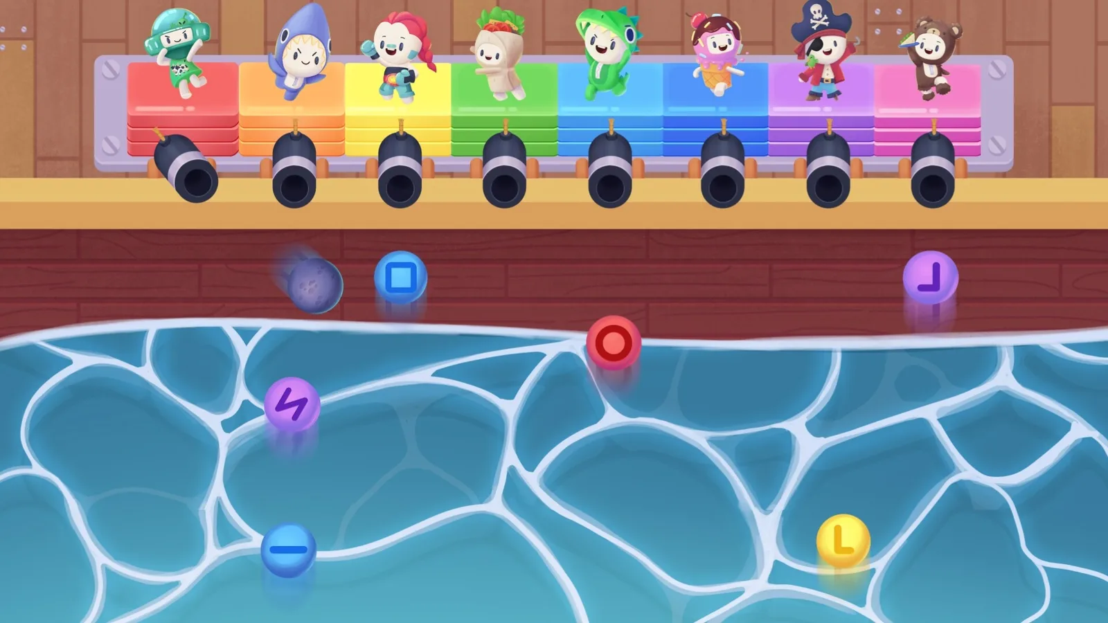 A Play Together mini-game: player pieces cross a pool of water below a row of characters waiting on a colourful rack.