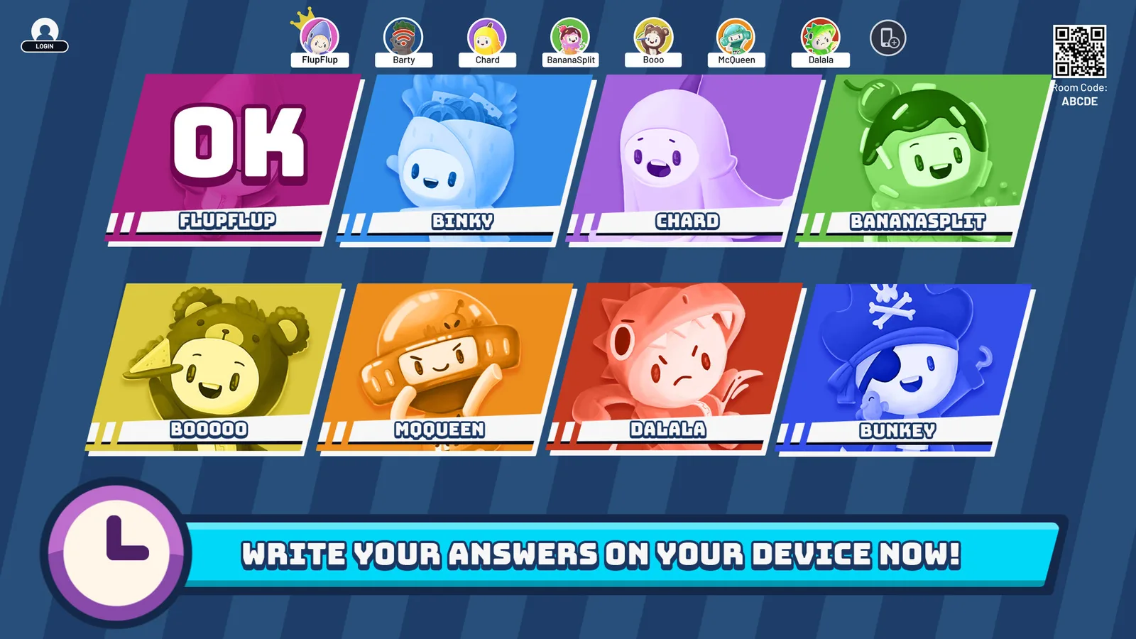 A Play Together answer screen: eight players' answers shown as coloured cards, with a prompt to write answers on your own device.