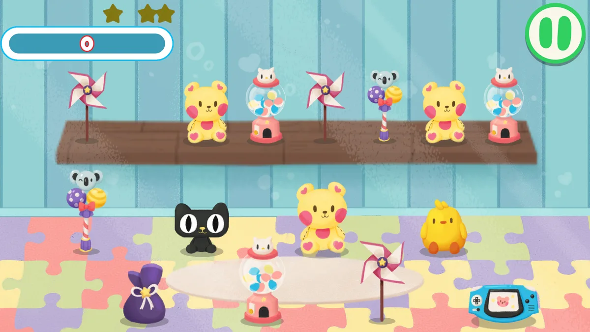 A Prepara Brasil mini-game: rows of panda toys and lollipops on shelves in a claw-machine style screen.