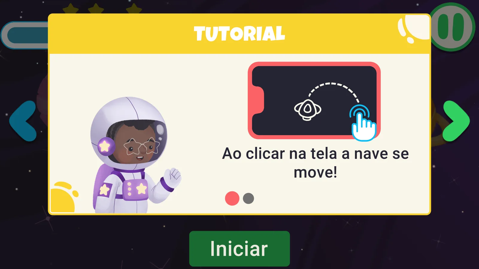 A Prepara Brasil tutorial screen in Portuguese, with an astronaut character explaining that tapping the screen moves the ship.