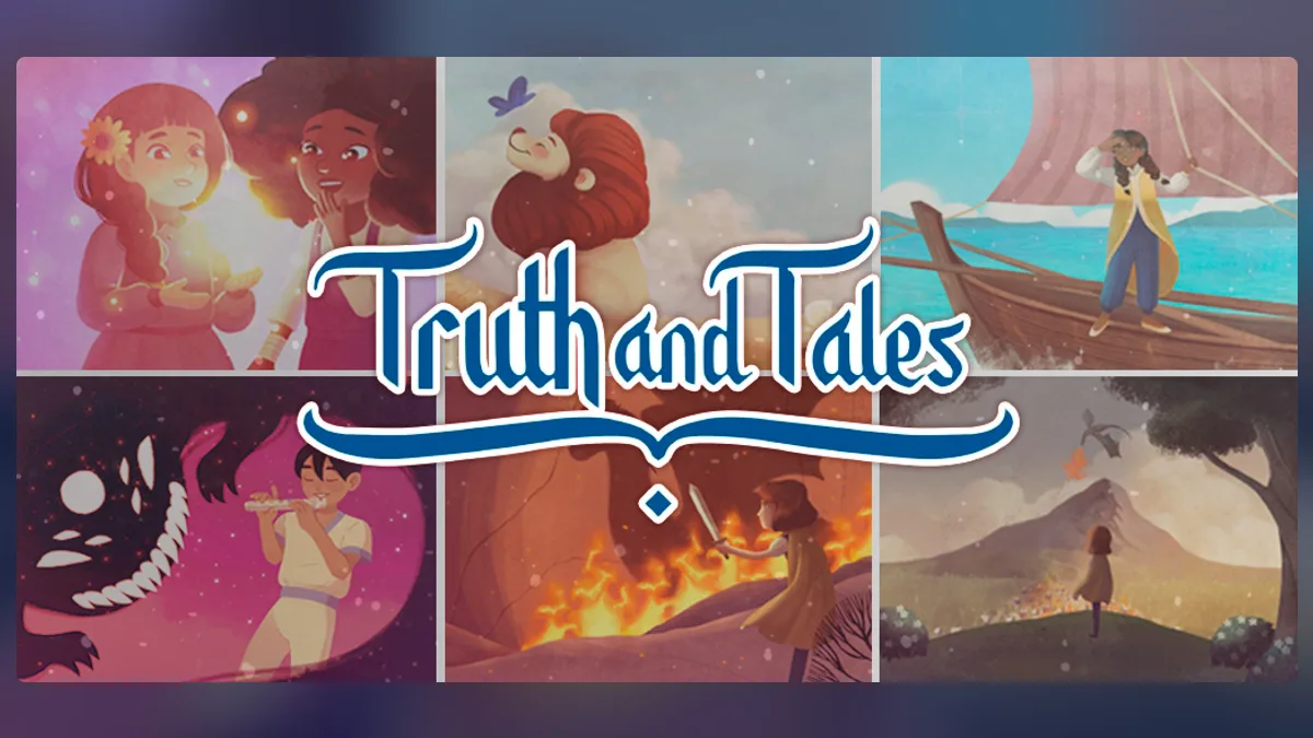 Truth and Tales key art: the hand-lettered logo over a grid of illustrated story scenes including a girl on a cliff, a boat at sea, a fire and a night sky.