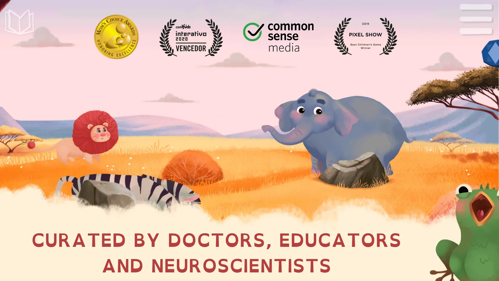 Award laurels above an illustrated savannah with an elephant, a zebra and a parrot, captioned Curated by doctors, educators and neuroscientists.