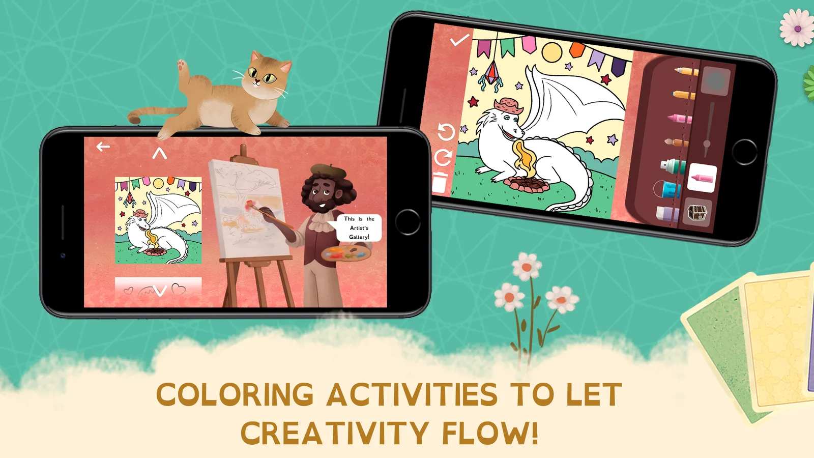 Two devices showing colouring screens from the app's Artist's Gallery, captioned Coloring activities to let creativity flow.