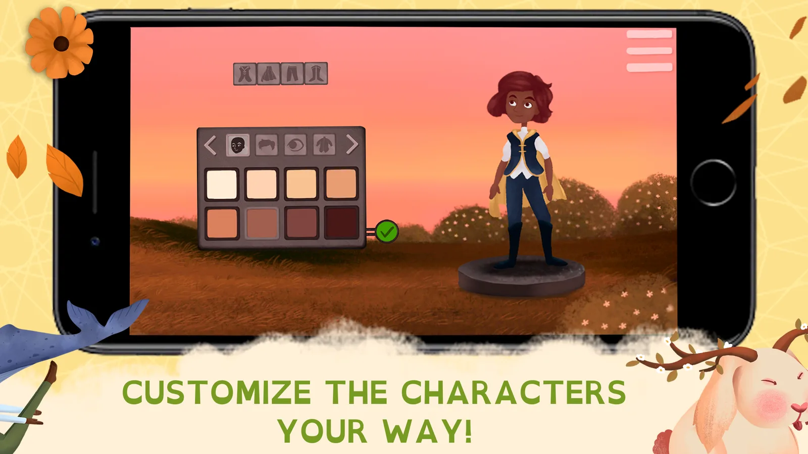 A phone showing a character being dressed from a palette of outfits, captioned Customize the characters your way.