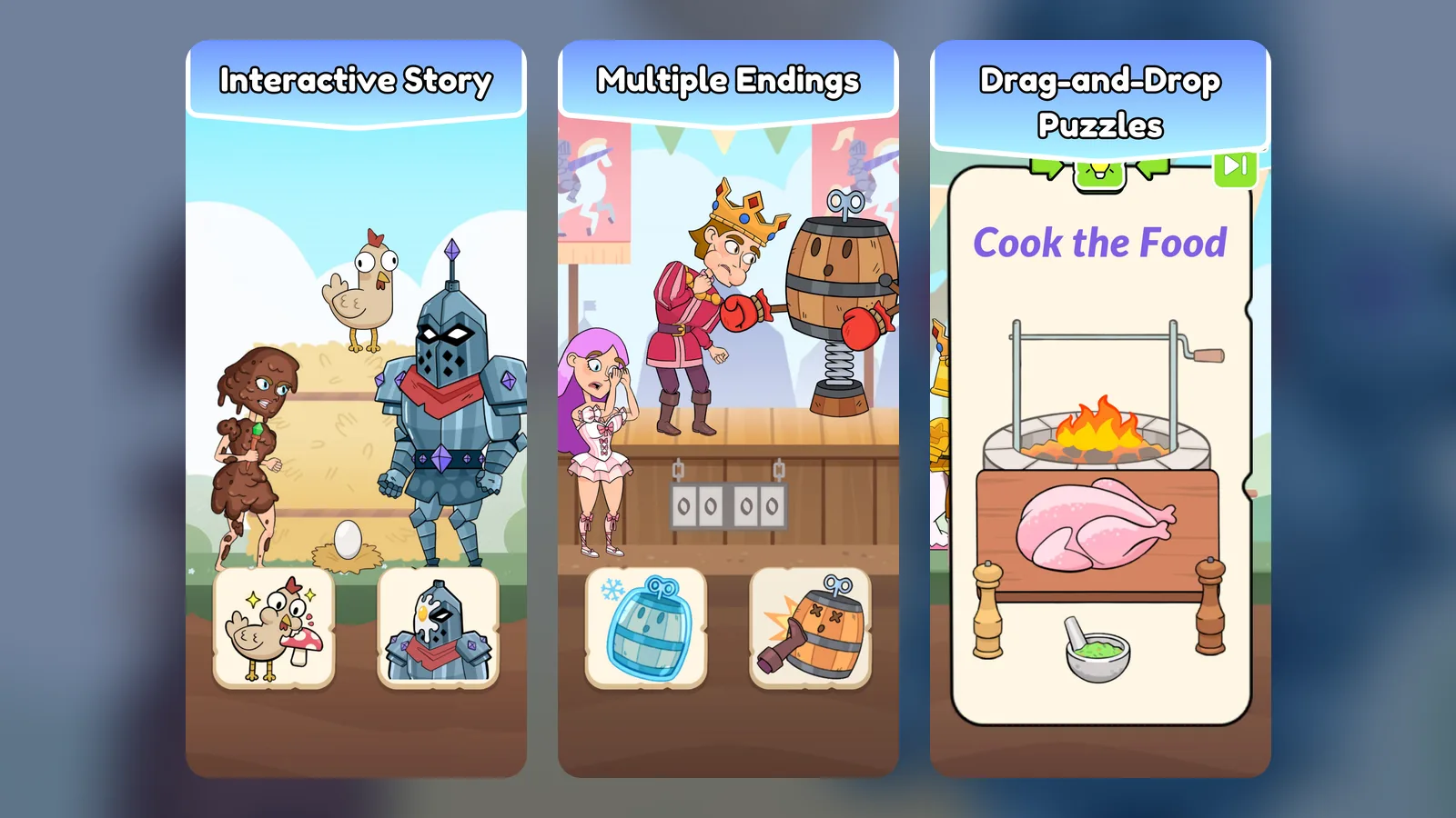 Three Witch and Prince phone screens side by side: the witch facing a knight and a chicken in a farmyard, the prince boxing a spring-loaded machine, and a Cook the Food puzzle with a chicken roasting over a fire.